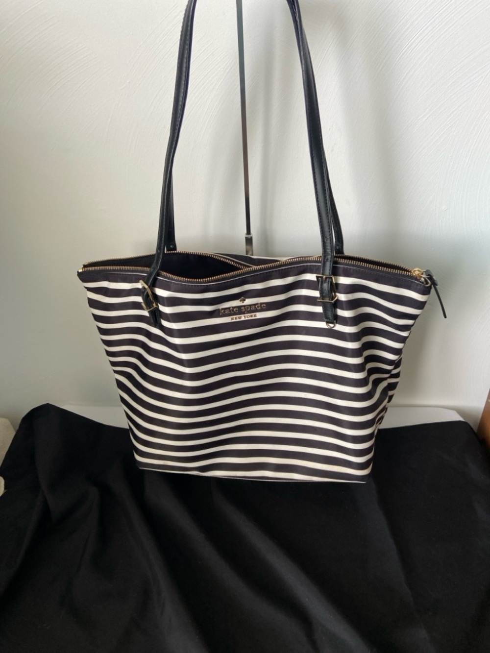 💋💋Kate Spade Black & Clotted Cream Striped Nylon Watson Lane Maya Tote Bag